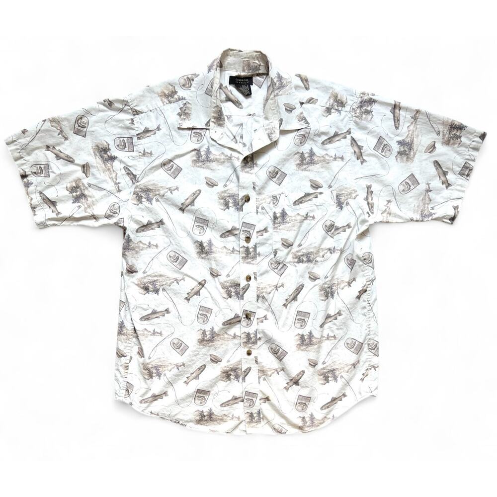 Vintage Fly Fishing Trout Fish AOP Button Up Short Sleeve Shirt Outdoors L Dad